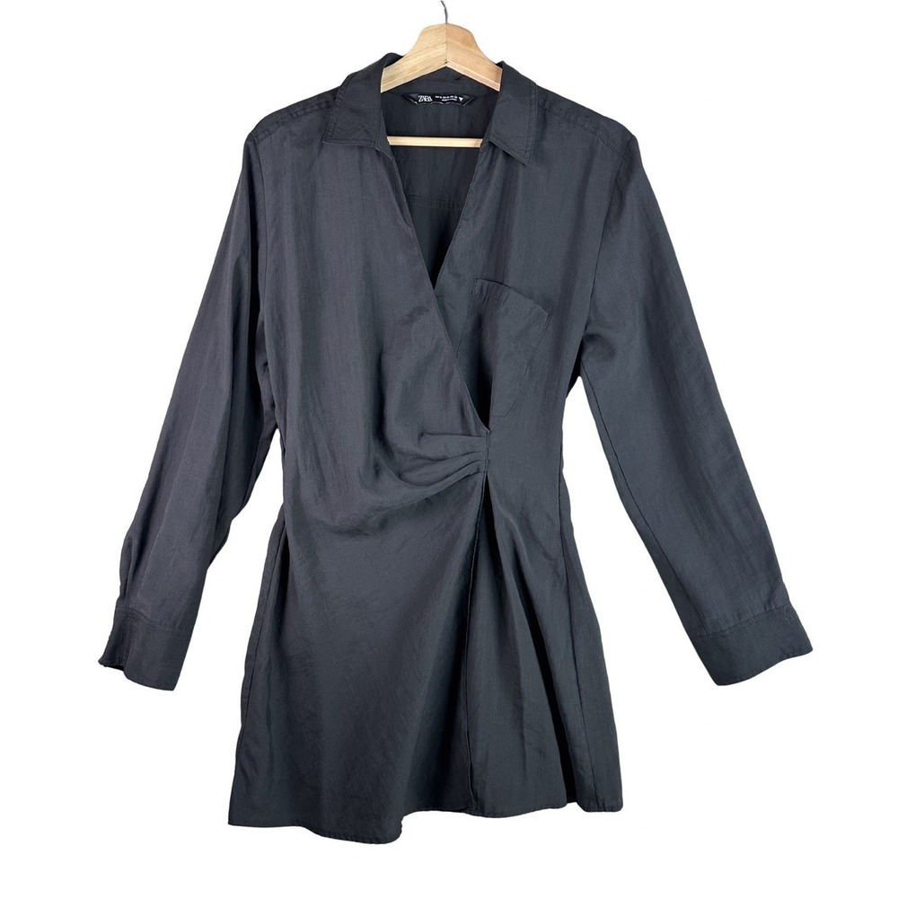 Zara Women's Black Draped Wrap Midi Dress Long Sleeve Size Medium